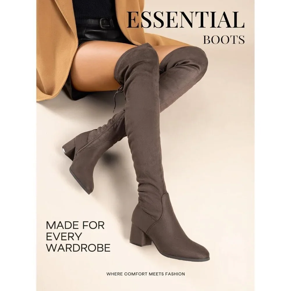 Women's Khaki Faux Leather Over The Knee Thigh High Chunky Heel Long Boots